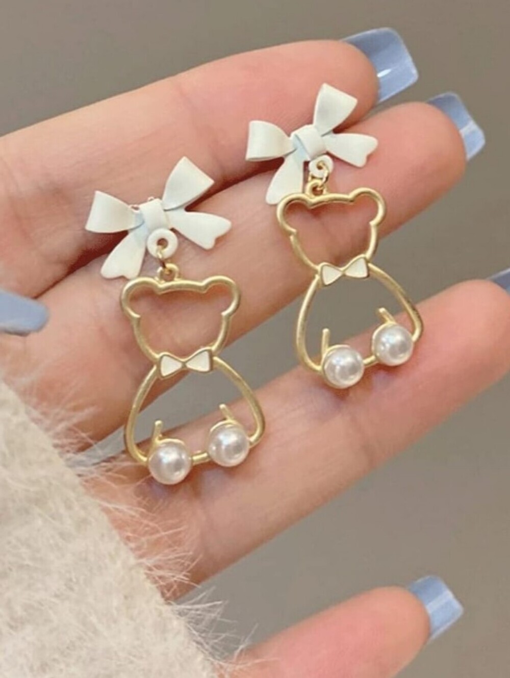White Bow & Gold Bear Dangle Earrings - Charming Women’s Jewelry